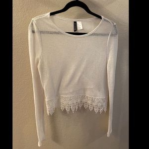 H&M mesh long sleeve crop top with lace details